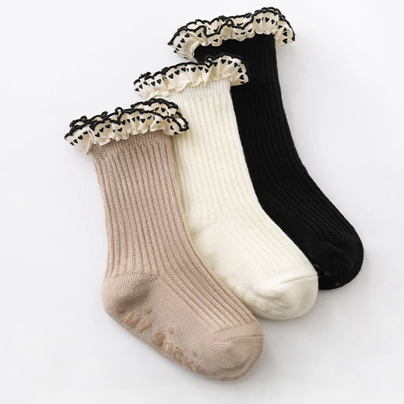 Autumn Baby Mid-Tube Socks Children Lace Princess Socks Vintage Solid Color Kids Crew Socks For Girls Long Tube Socks