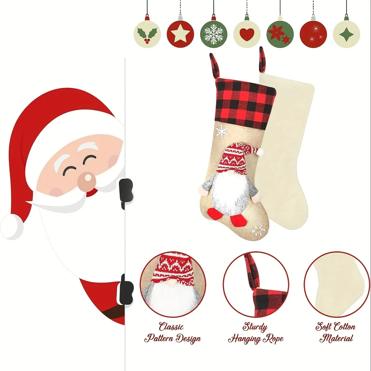 4pcs Christmas Stockings, 3D Gnomes Santa Christmas Stockings, With Red And Black Burlap Plaid Decorations, Family Holiday