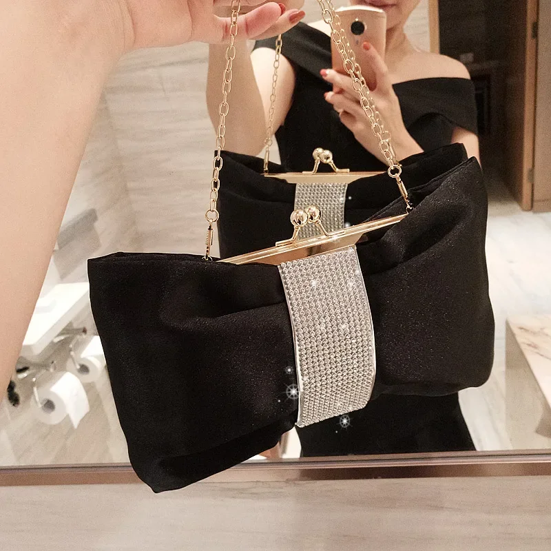 Bow women Cutch bag Luxury Party Satin Diamond Ladies Evening Bag lady Clutches small Chain messenger bags female wallet black - view 3