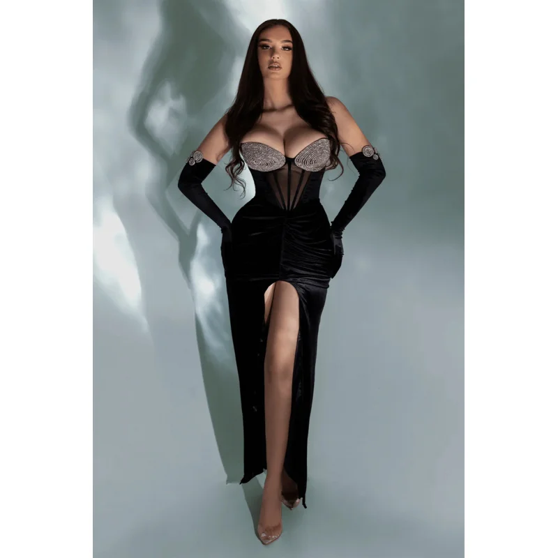 Abito da festa da socialite con spacco nero trasparente senza spalline sexy con strass lucidi di nuovo arrivo