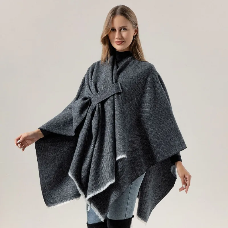 Women Cashmere Feel Shawl Coat Lady Winter Cape with Band Spring Autumn Retro Cardigan Classic Simple Cloak Soft Large Blanket