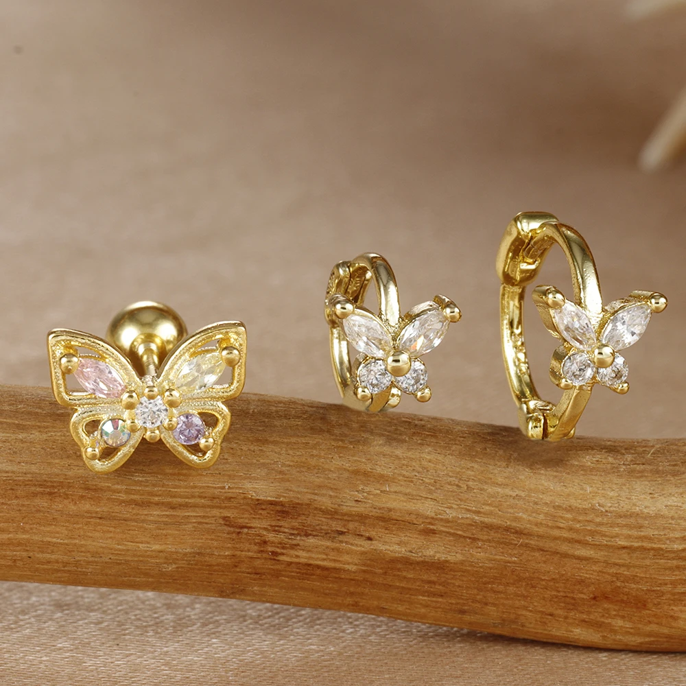 3 szt. Zestawów ze stali nierdzewnej cyrkon motyl Huggie Hoop kolczyk dla kobiet mały śliczny motyl Helix Piercing Stud biżuteria — zdjęcie 5
