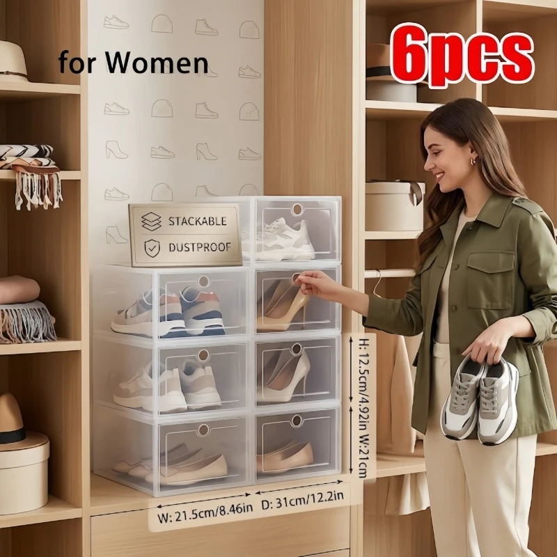 

Stackable Foldable Shoe Boxes 6Pcs Thickened Transparent Drawer Plastic Shoe Storage Organizer for Women