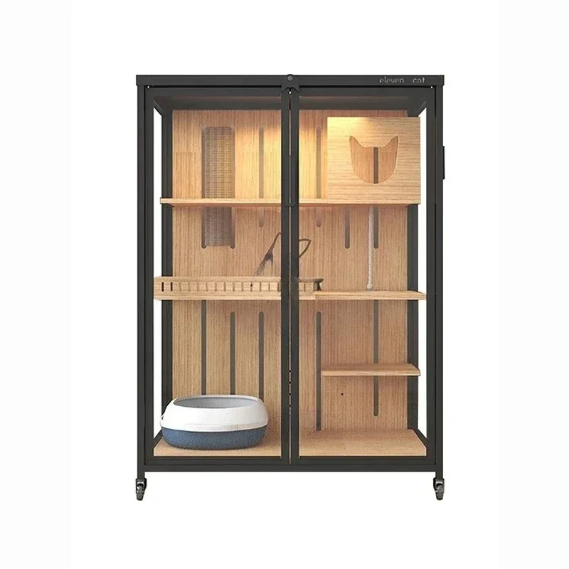 TTNordic Solid Wood Cages Home Indoor Cat Villa Simple Transparent Glass Cat House With Wheels Light Luxury Large Pet Cage