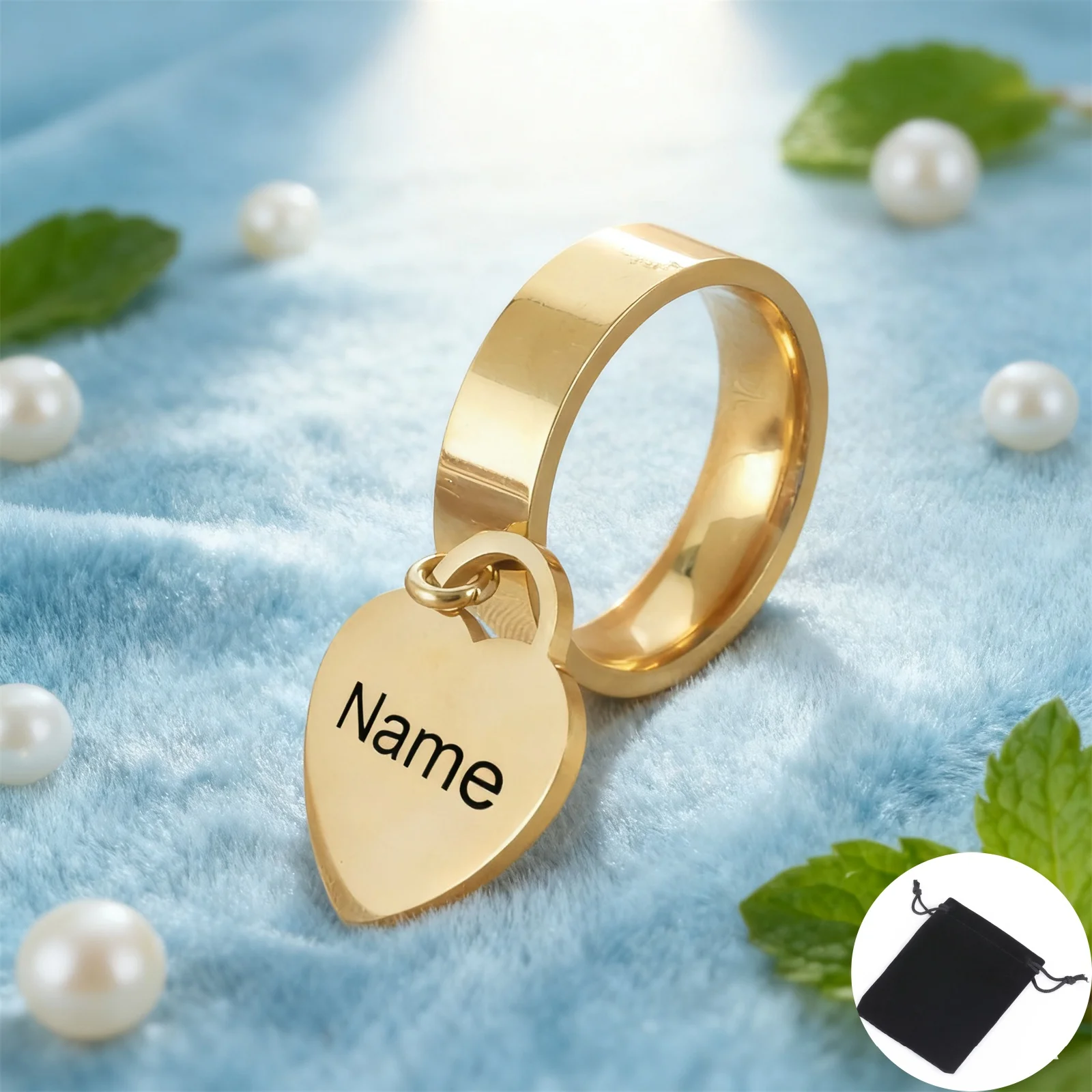 Customized Name Text Date Love Pendant Ring Stainless Steel Simple Heart shaped Personalized Ring Name Couple Ring Fashion Gift