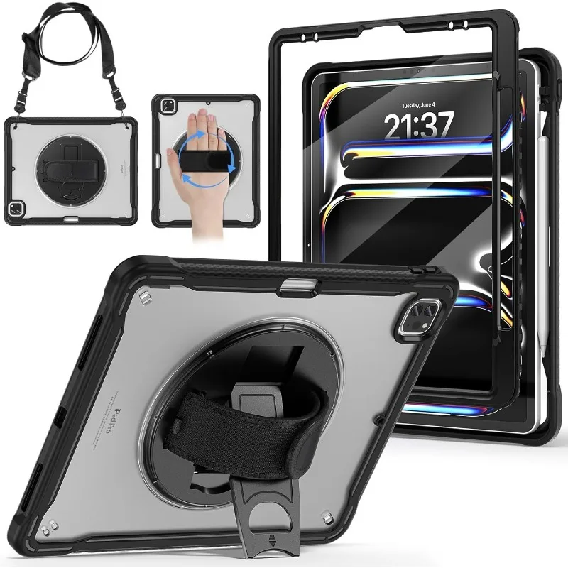 

Чехол для iPad Pro 12.9 2018-2022, сверхпрочный противоударный чехол-подставка, чехол для iPad Air/Pro 13 M2 M3 M4 M5, защитный чехол для экрана + ремень