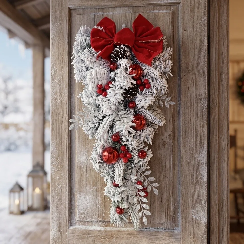 White Artificial Pine Teardrop Swag With Red Bow Berries Snow Flocked Christmas Door Wreath For Front Porch Farmhouse Holiday De