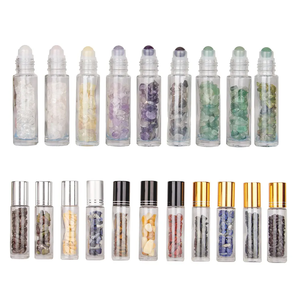 10ml Roll On Bottle With Gemstone Roller Ball Crystal Chips Inside Glass Rolle Essential Oil Sample Container Gold Silver  Lids