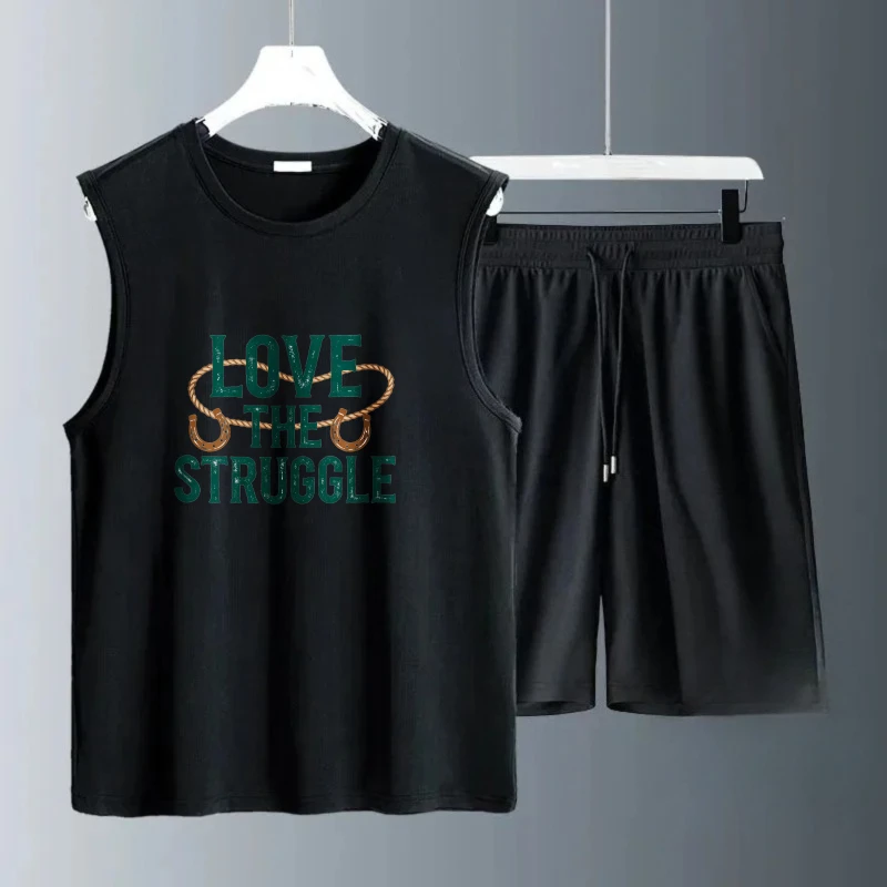 ชุดเสื้อกล้ามผู้ชาย โพลีเอสเตอร์ เสื้อผ้าฤดูร้อนผู้ชาย เสื้อผ้าผู้ชายระบายอากาศ เสื้อแขนสั้น+กางเกงขาสั้น ชุดเสื้อผ้าแฟชั่นผู้ชาย ฤดูร้อน