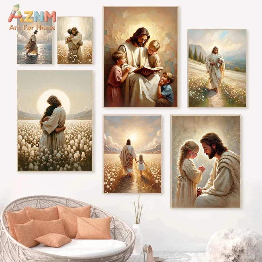 AZNM Jesus Christ Walking on Water Hugging Child Frameless Canvas Wall Art, Religious Christian Oil Painting Print for Home Deco