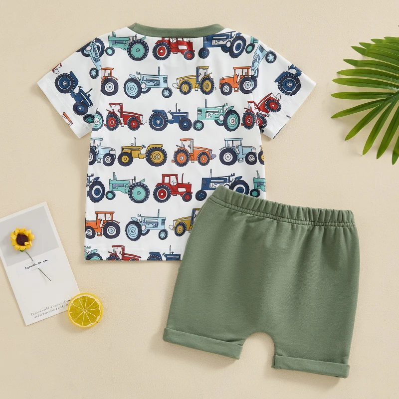 Toddler Baby Boy Farm Outfit Tractors Print Short Sleeve T-Shirt Tops and Drawstring Shorts Set 2Pcs Summer Clothes