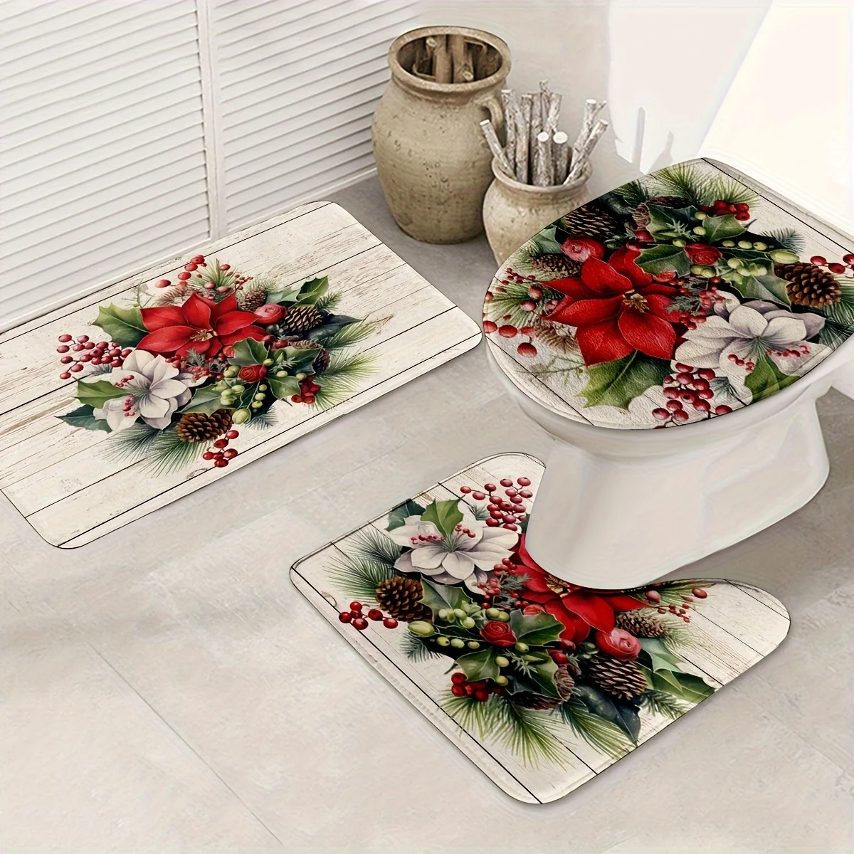 Christmas Pine Needle Flower Pattern Bathroom 3Pcs/set Mats Home Flannel Decorations Accessories Floor Rug Toilet Cover 40*60 CM