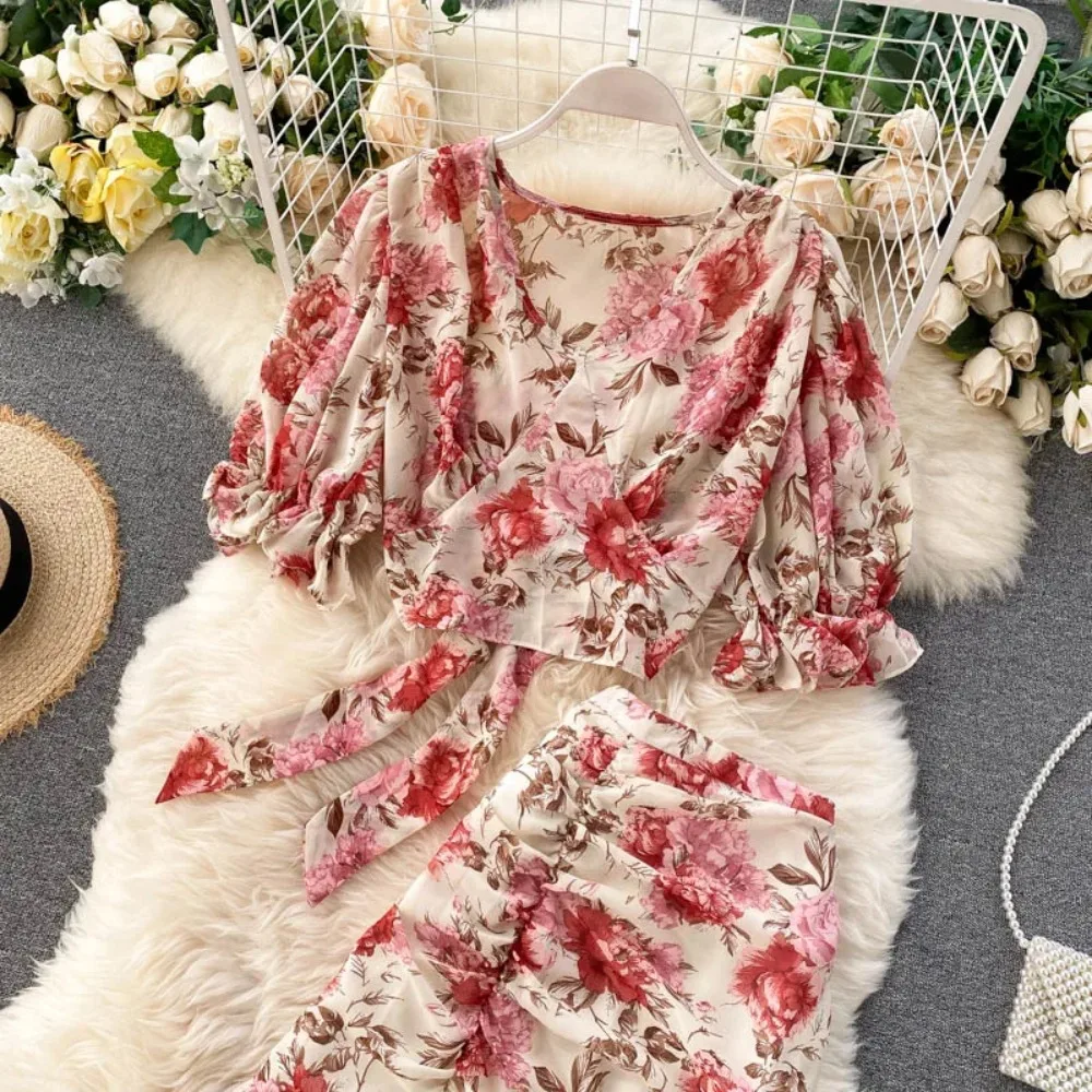 Sexy Two Pieces Sets Chic Bandage chiffon Shirt Top with sweet High Waist mermaid Skirt Beach Vacation Sets image 5