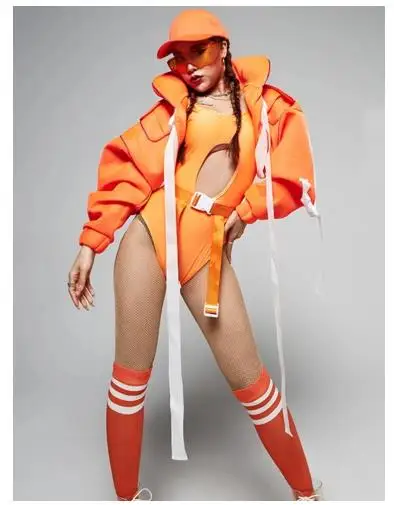 Sexy Nightclub Gogo Ds Performance Costume Suit Flight Jacket Bodysuit Jazz Dance Clothing Orange Pole Dance Costumes