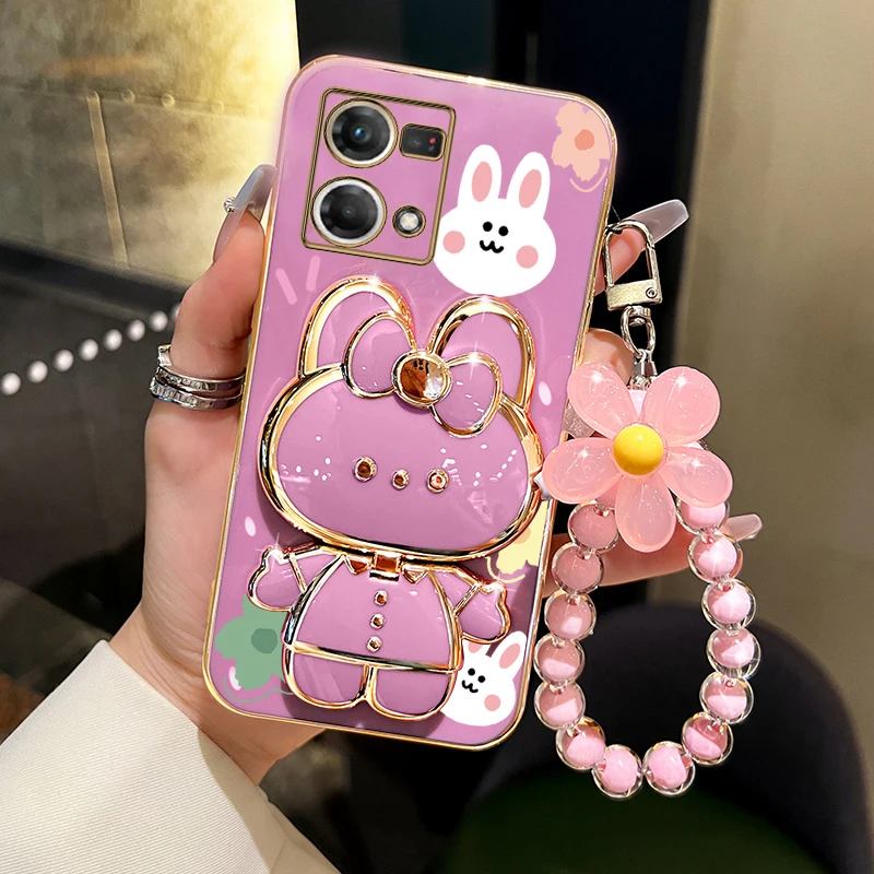 reno7 Flower Strap Cute Rabbit Phone Holder Case For Oppo Reno 7 8 9 Pro Plus 8T 4G 5G 2 2Z 2F 3 5F Lite 6Z 7SE 7pro Stand Cover