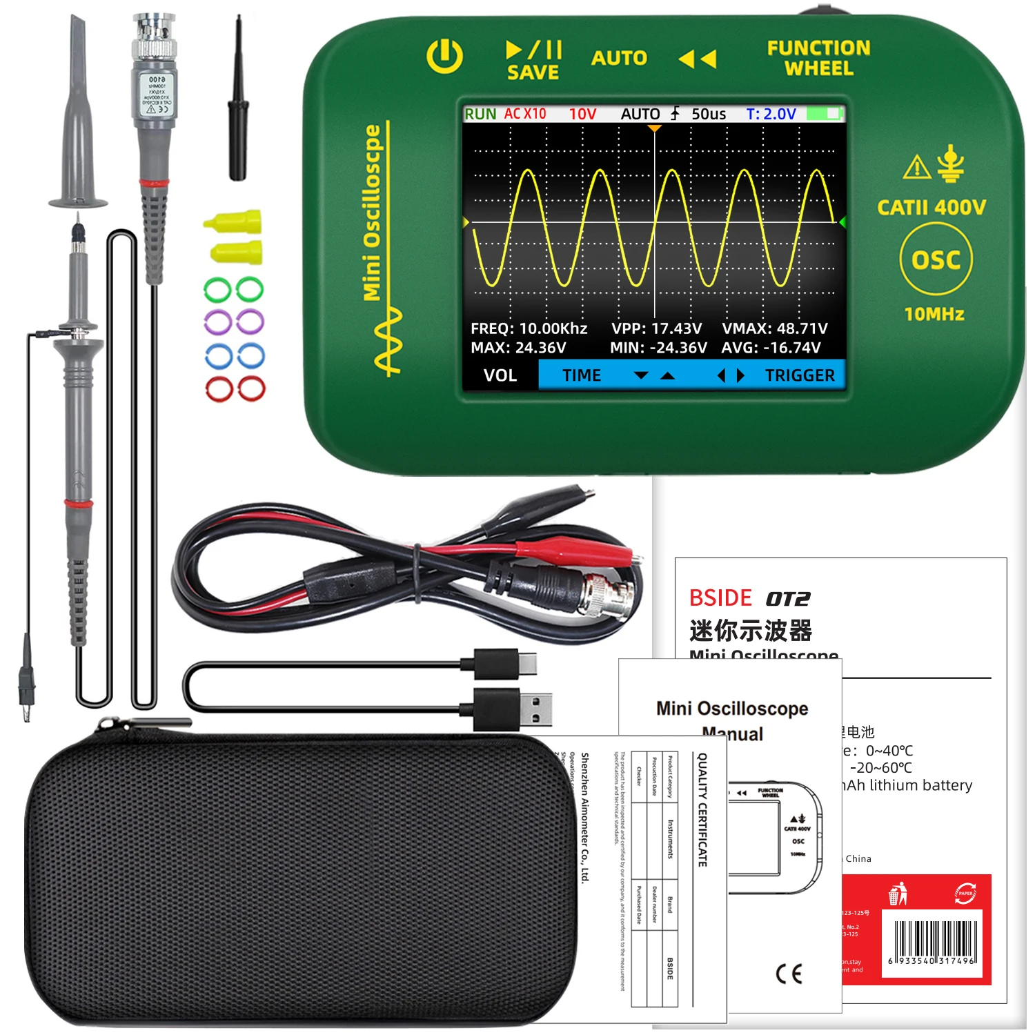10MHz 48MSa/s 2-in-1 Signal Generator Electronic Repair Tools Graphics Tester BSIDE OT2 Mini Handheld Digital Oscilloscope