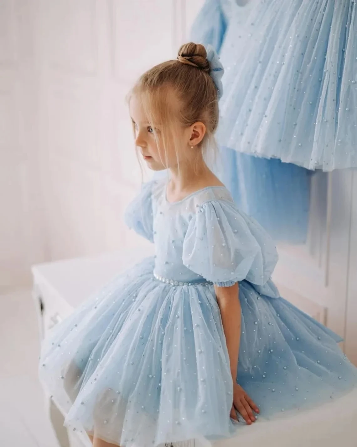 Blue Huge Bow Flower Girl Dresses Full Sleeves Lase Luxury Princess Pageant Dress For Birthday Party Gown First Holy Communion