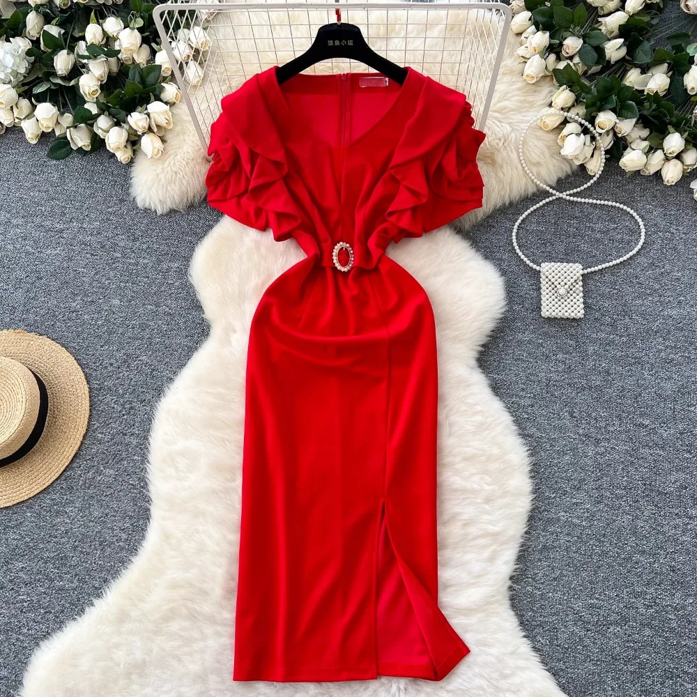 Elegant Short Sleeves Vintage V-neck Embroidered Beads Ruffle Slim Split Dresses Evening High Street Winter Plus Size Clothing