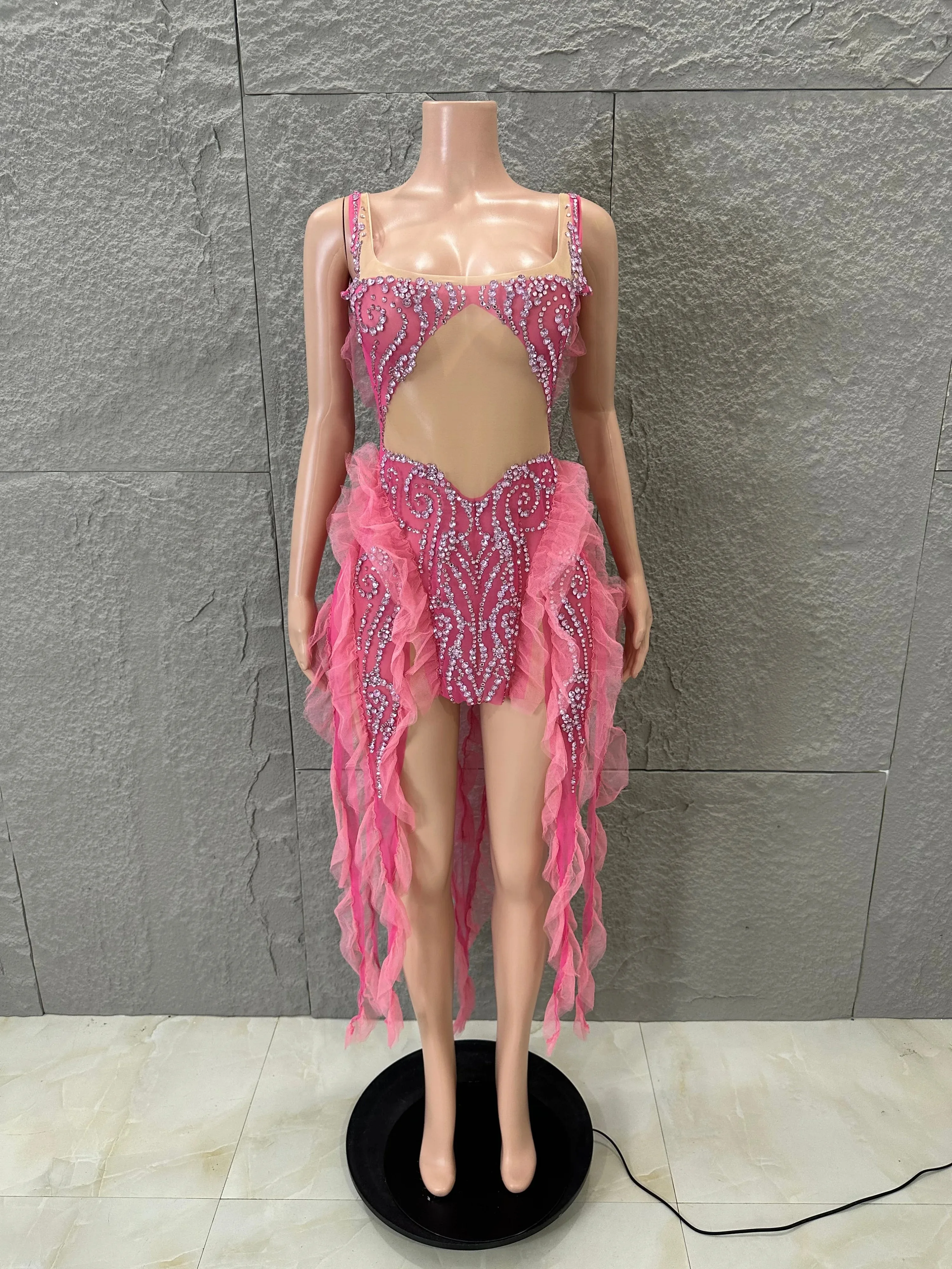 

Glamorous Pink Sheer Mesh Mini Dress Women Sexy Spaghetti Strap Rhinestone Ruffle Embellished Bodycon Stage Performance Costume