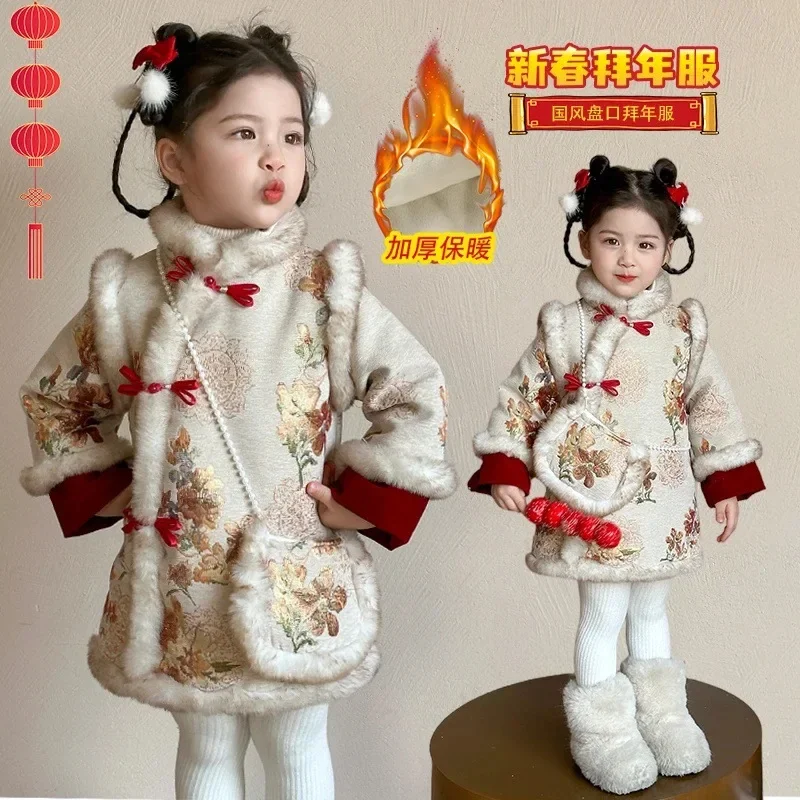 Gonna cheongsam ispessita da ragazza autunno e inverno 2025 nuovo abbigliamento di Capodanno ispessito per bambini scozzese in stile cinese