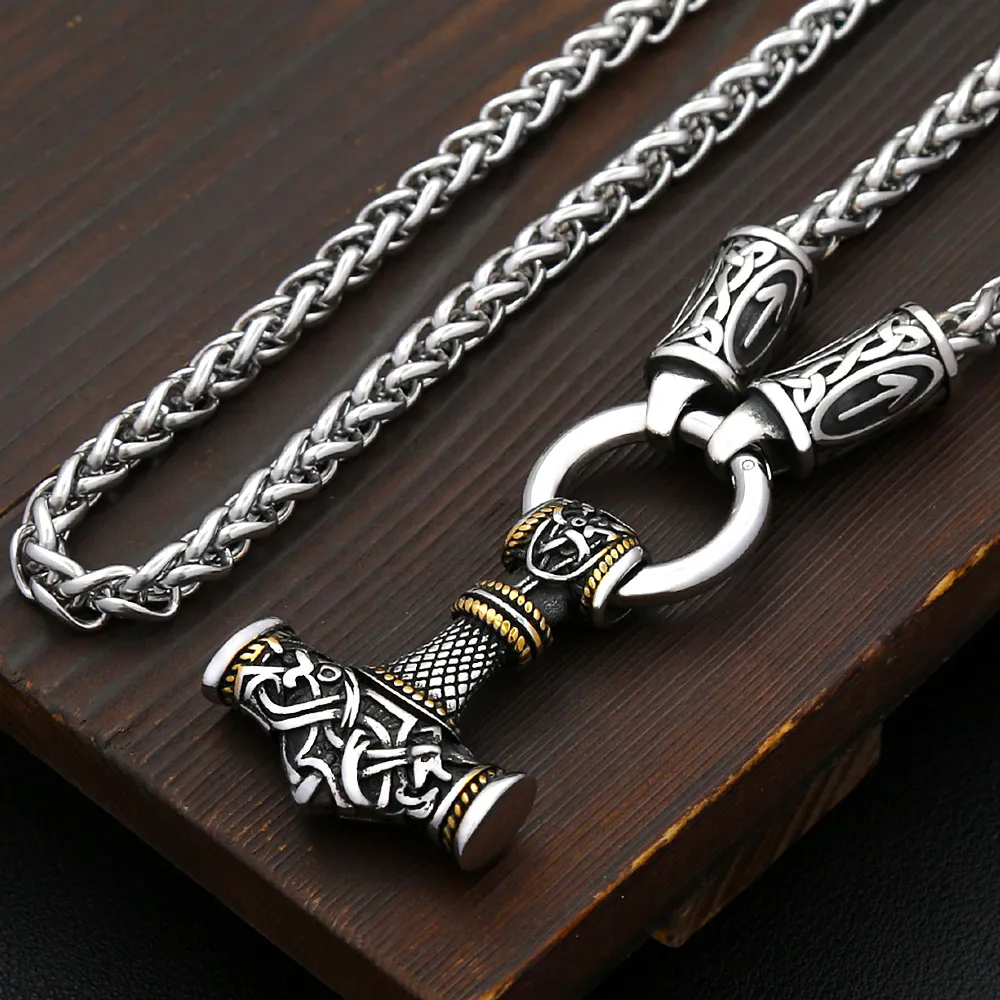 Vintage Viking Thor Hammer Mjolnir Pendant Necklace Norse Wolf Head Rune Amulet Multiple Style Chain For Men Fashion Jewelry