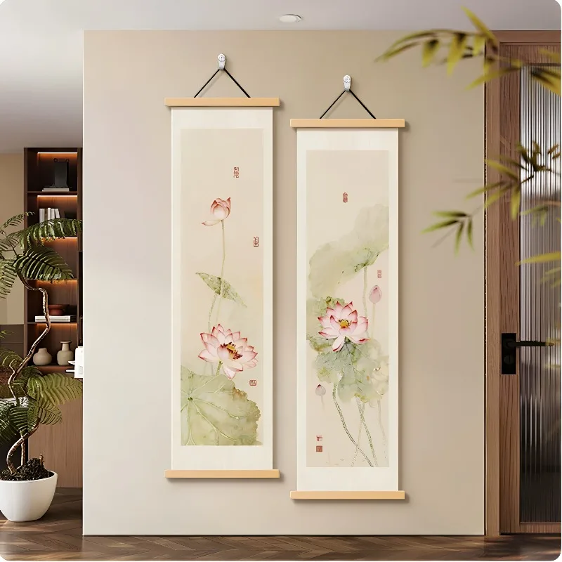 Wall Art Twin Lotus Blooms and Sage Leaves Song Inspired Pearlescent Canvas Hanging Scroll with Wooden Rods for Entryway