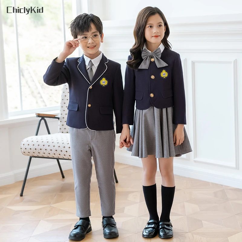 Kids School Uniform Girls Navy Jacket Vest Pleated Skirt Jumper Dress Boys Student Child Japanese Kindergarten Class Clothes Set