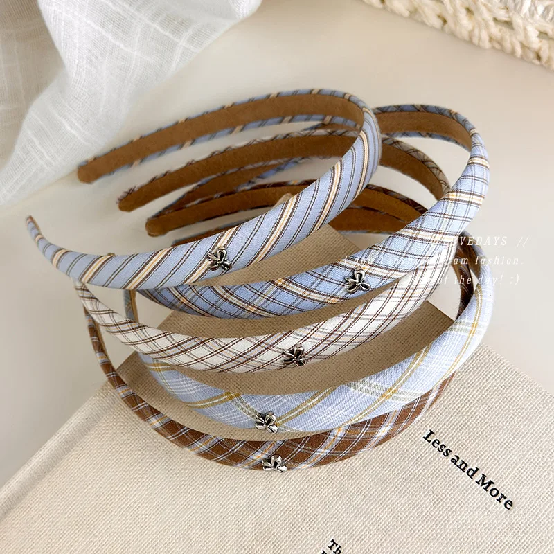 Soft Blue Argyle Pattern Thin Headband Preppy Bow Design Flat Hair Clasp Versatile for School Office