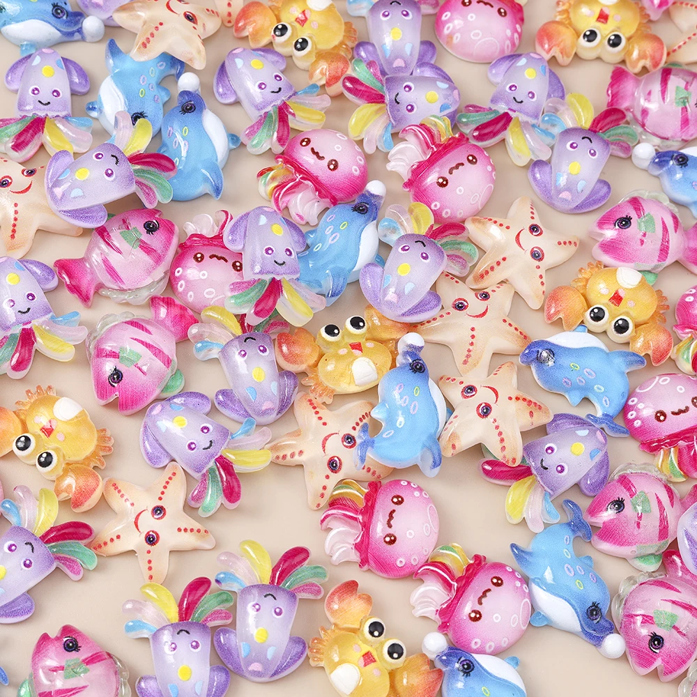 Leslie 15 Stücke Neue Nette Charms Harz Seestern Fisch Krabbe Wal Tintenfisch Flache Rückseite Cabochon Für DIY Telefon Fall Nail art Zubehör – Detail 6