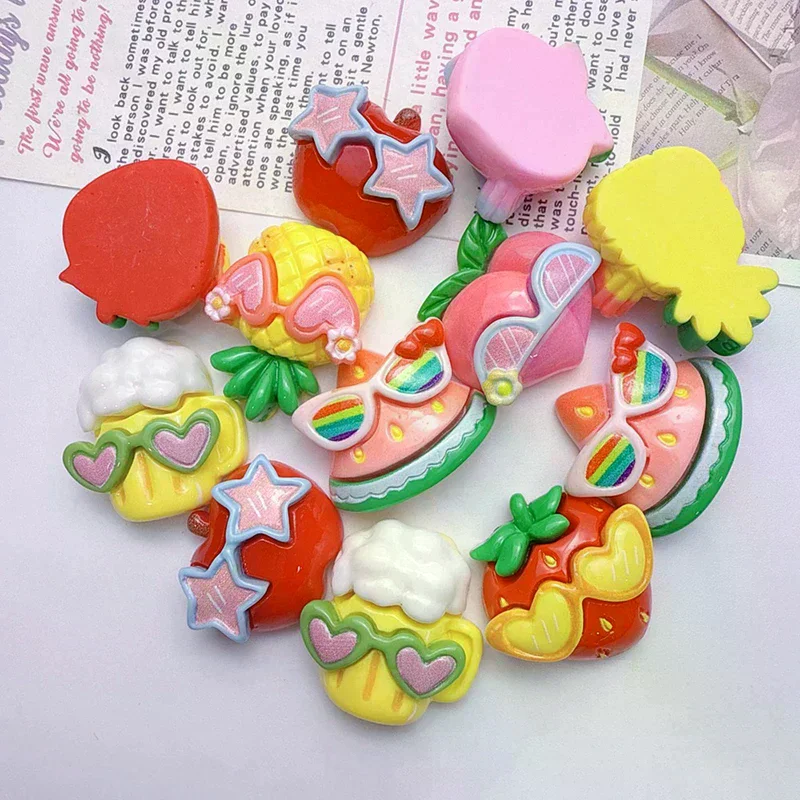 10PCS Resin Kawaii Colorful Cool Glasses Cartoon Strawberry Peach Pineapple Flat Back Stone Scrapbook Figurines DIY Decor Crafts