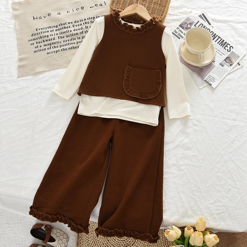 

Spring Autumn Fashion 3-7 Years Girls Solid Color Long Sleeved Top+Vest+Pants 3 Pcs Set Korean Version Kids Casual Wear