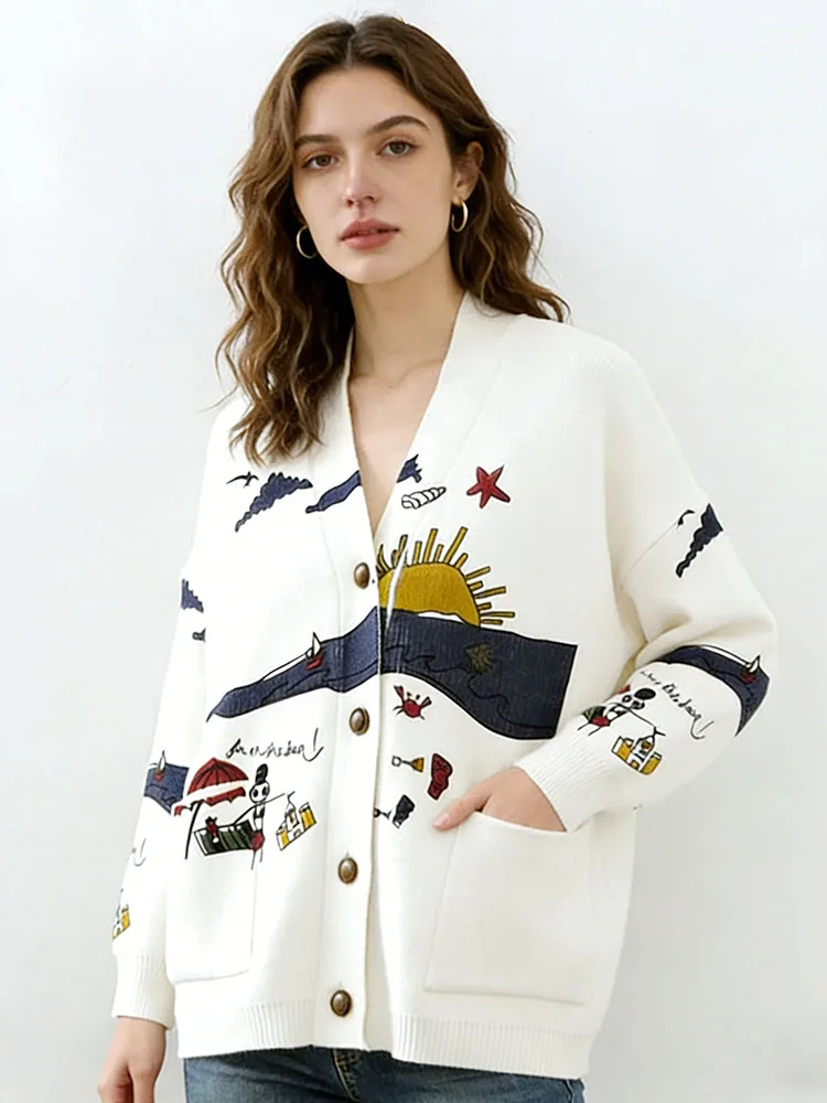 

Bangniweigou Trend graffiti print white cardigan sweater women autumn winter thick outerwear