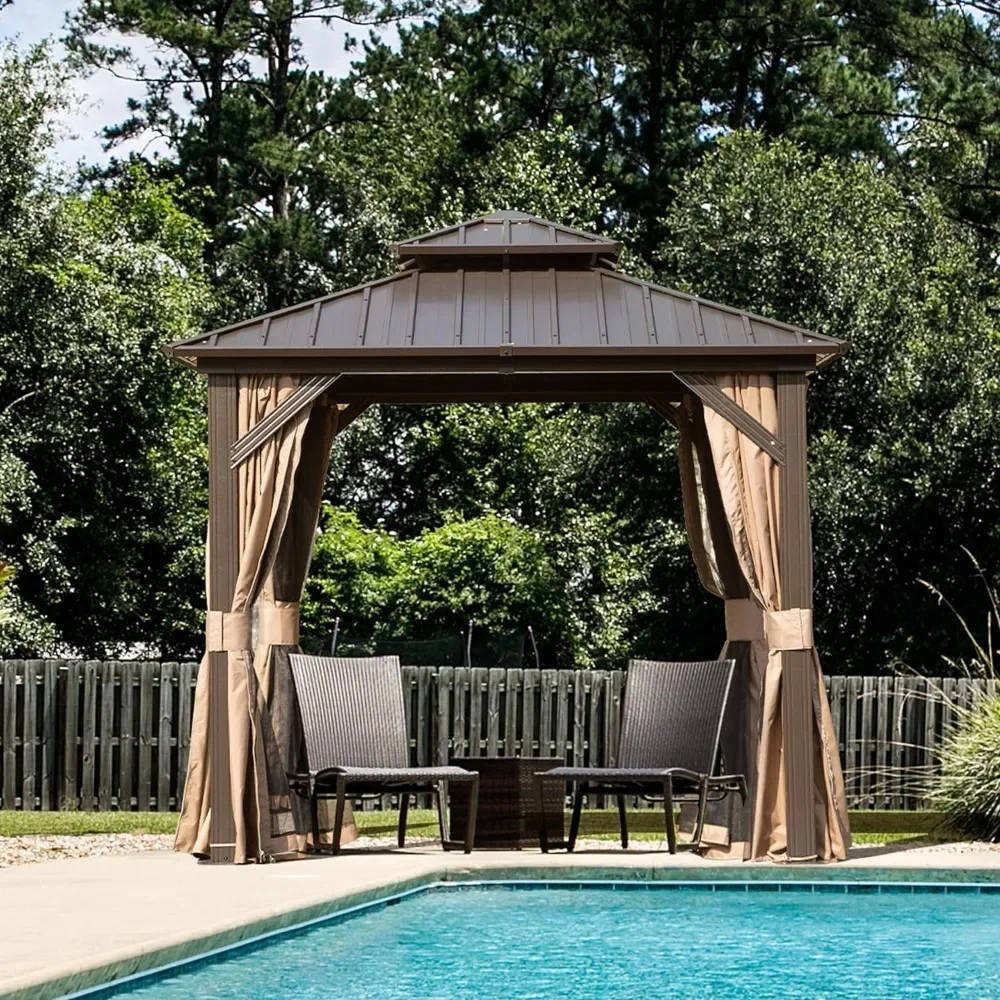 8’ X 8’ Hardtop Gazebo Canopy with Netting & Curtains, Outdoor Gazebo with Galvanized Steel Double Roof for Patio Lawn