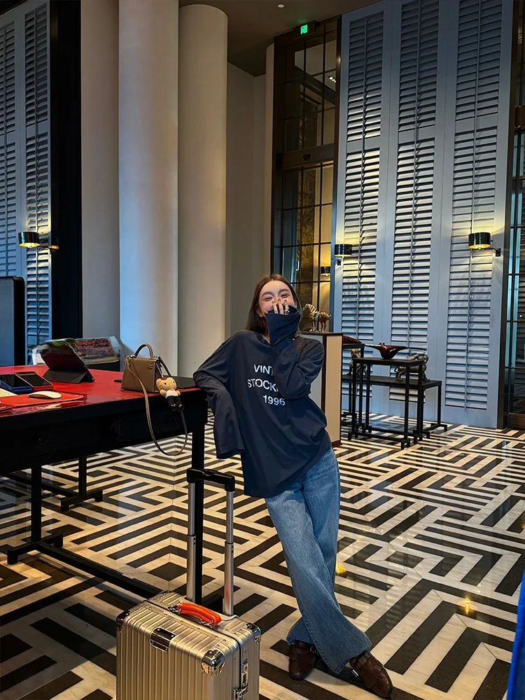 

High Waist Loose Fit Cotton Denim Wide Leg Pants Women Straight Cut Long Trousers Autumn Comfortable Breathable Casual Jeans