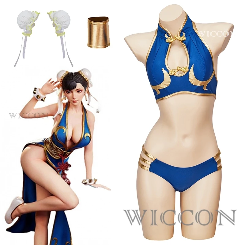 

Chun Li Cosplay Costumes Blue Sexy Bikini Suit Game Uniform Swimsuit Headwear Female Halloween Party Outfit