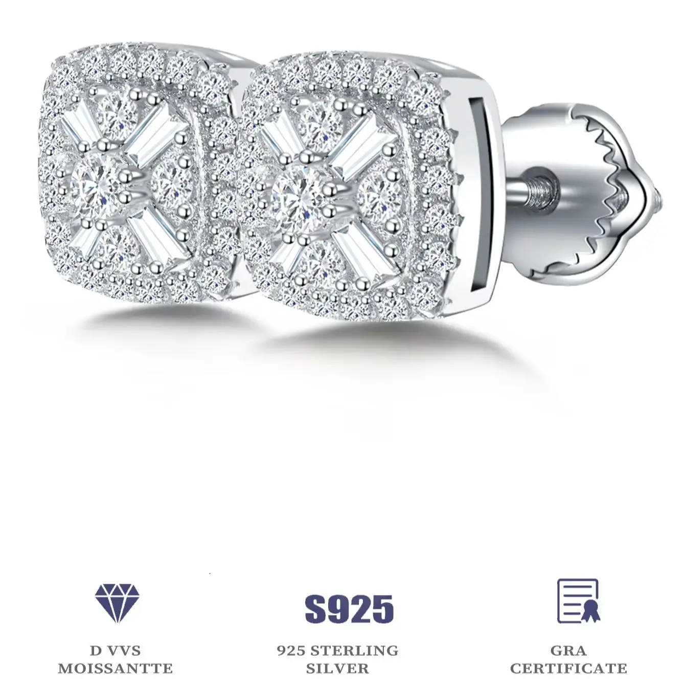 

Moissanite Earring Round Rectangle Stud Earings Women 2025 Prong Setting Engagement