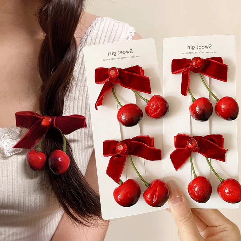 Red Velvet Cherry Hairpin Sweet Resin Fruit Side Clip Cloth Velvet Bow Hair Clip Bowknot Korean Style Headwear Hair Accessories