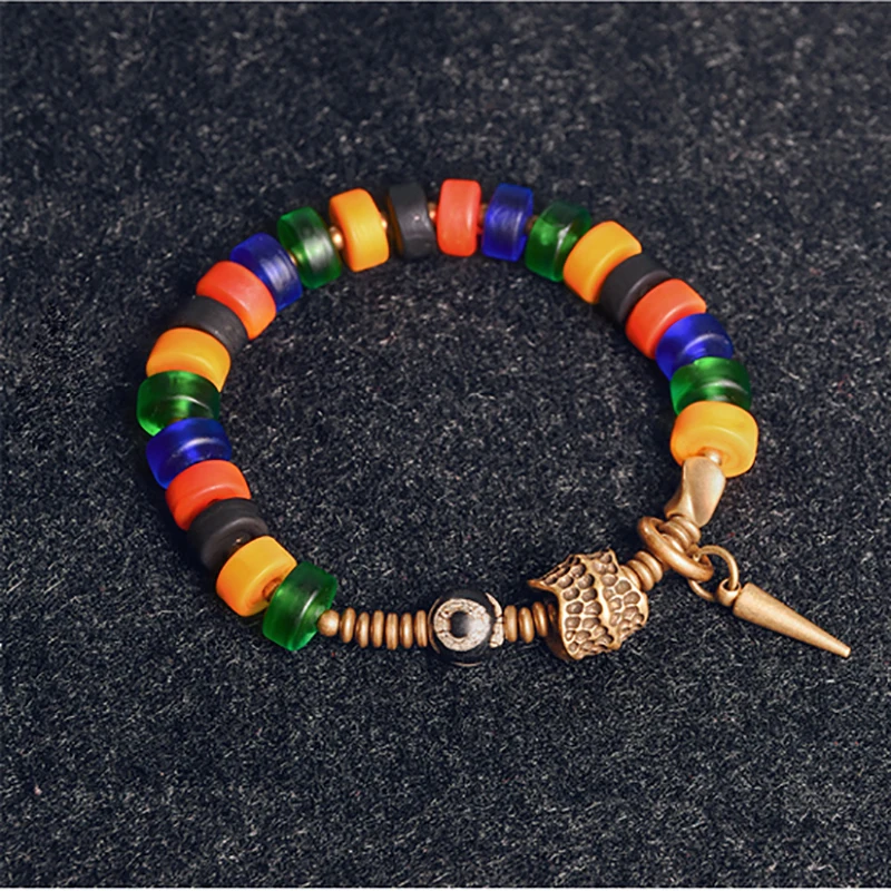 Coloured Glaze Beads Stretch Bracelet Hand Processed Copper Charm Tibetan Bead Chakra Healing Protective Jewelry For Man Woman