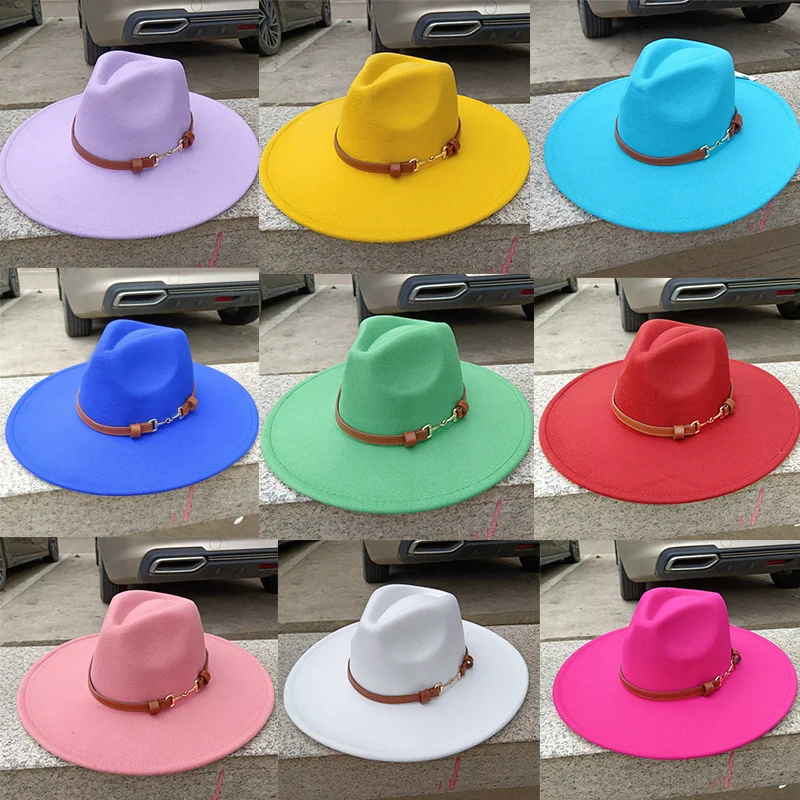 

Fedora solid color felt hat with teardrop top brim for men and women new leather belt Panama hat шляпа женская