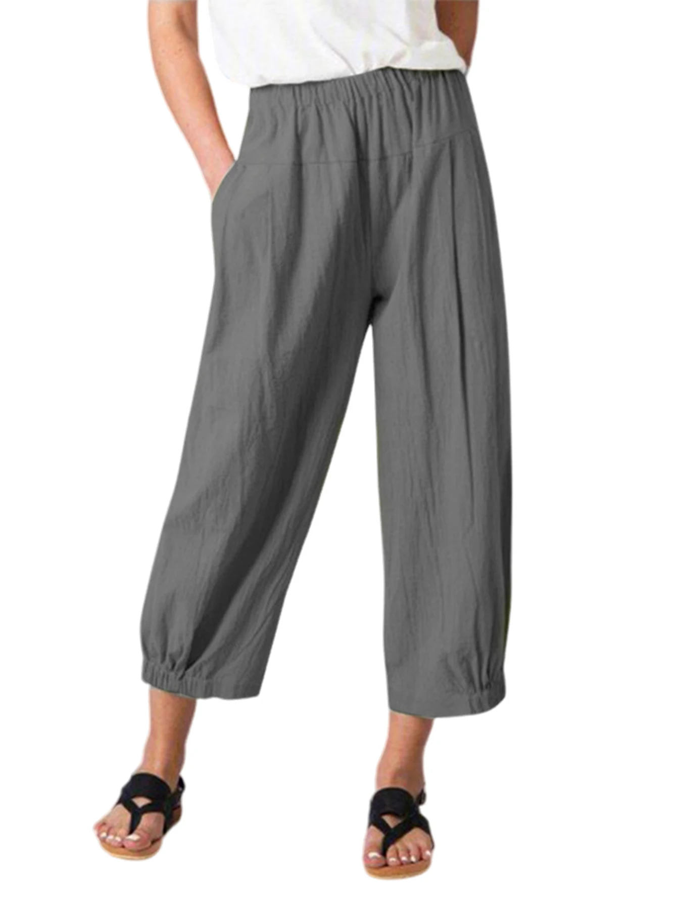 

Women Pants Summer Cotton And Linen Pants Pants Elastic High-Waist Solid Female Trousers Casual