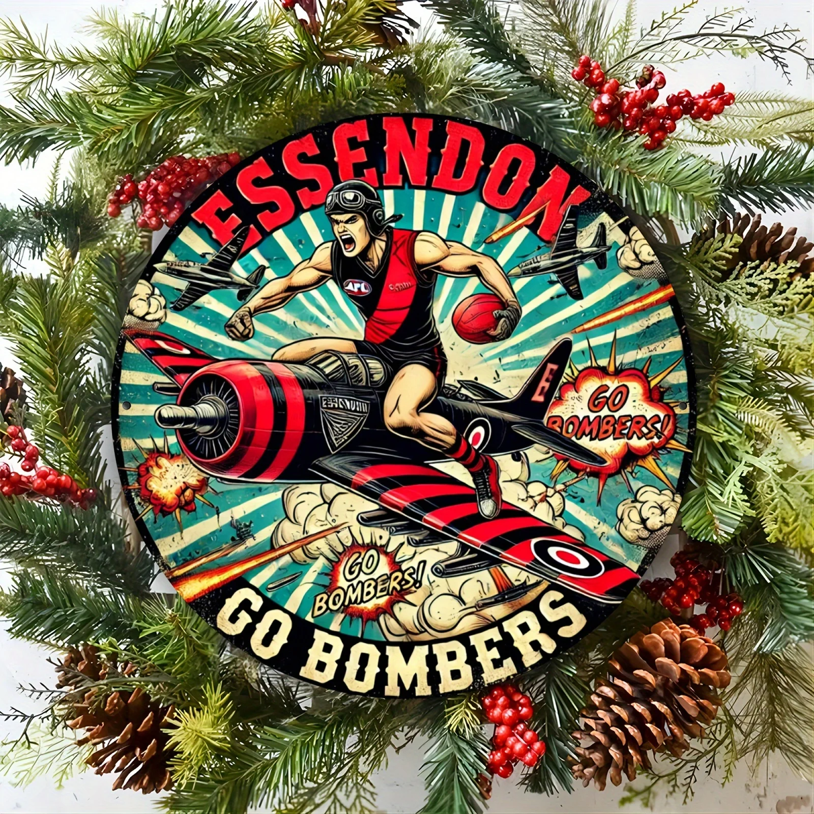 قطعة واحدة من علامة Essendon Bombers المعدنية المستديرة - لوحة فنية جدارية من الألومنيوم على الطراز العتيق تتميز بمشغل كرة القدم الديناميكي وتصميم الطائرة #4