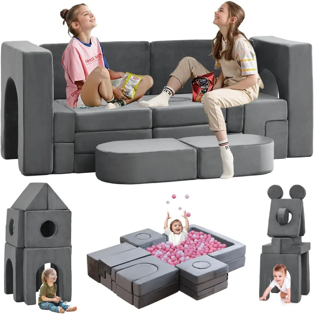 

22Pcs Modular Kids Play Couch, Floor Sofa for Children, 1000+DIY Creativing Playroom Furniture for Toddlers， Convertible Foam