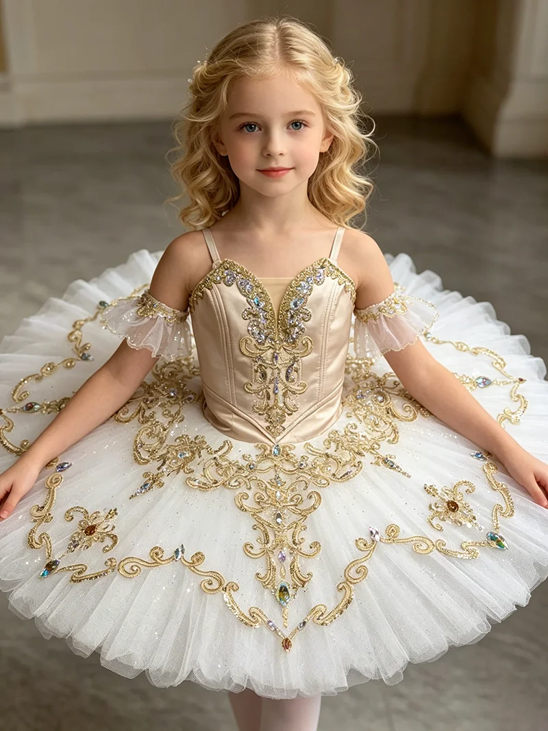 Women pointed V neck ballet tutu performance dress iridescent gold rhinestone symmetrical vintage scroll embroidery pure white g