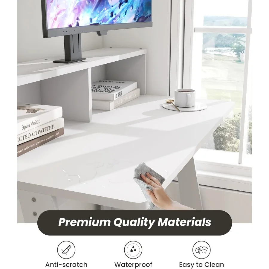 مكتب زاوية أبيض مدمج لغرفة النوم أو مساحة مكتب صغيرة مع مساحة تخزين مدمجة مثالية لإعداد الكمبيوتر والعمل البسيط E #4