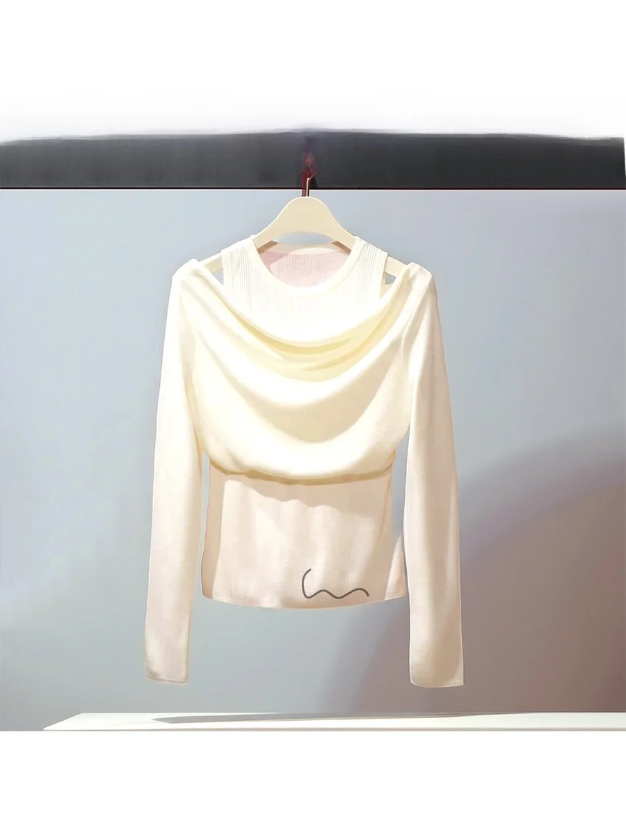 

2025 Winter New Design Shoulder Bared Knitted Top Women's Fashionable Versatile Fake Two-Piece Long Sleeve Crew Neck Sweatshirt