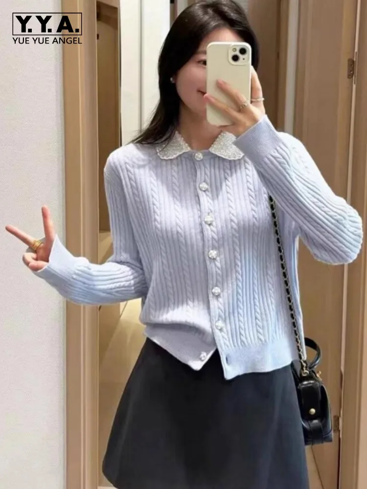 

Women Spring New Style Pearl Doll Collar Sweater Top Diamond Knitted Cardigan Single Breasted Long Sleeve Knitwear Coat Hot Sale