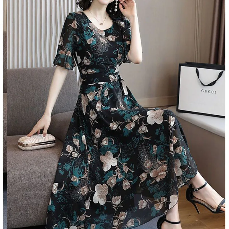 Vestido comprido floral de cintura feminina, manga curta, gola redonda, cinto emendado, temperamento solto, casual, moda de cintura, novo, verão, 2023