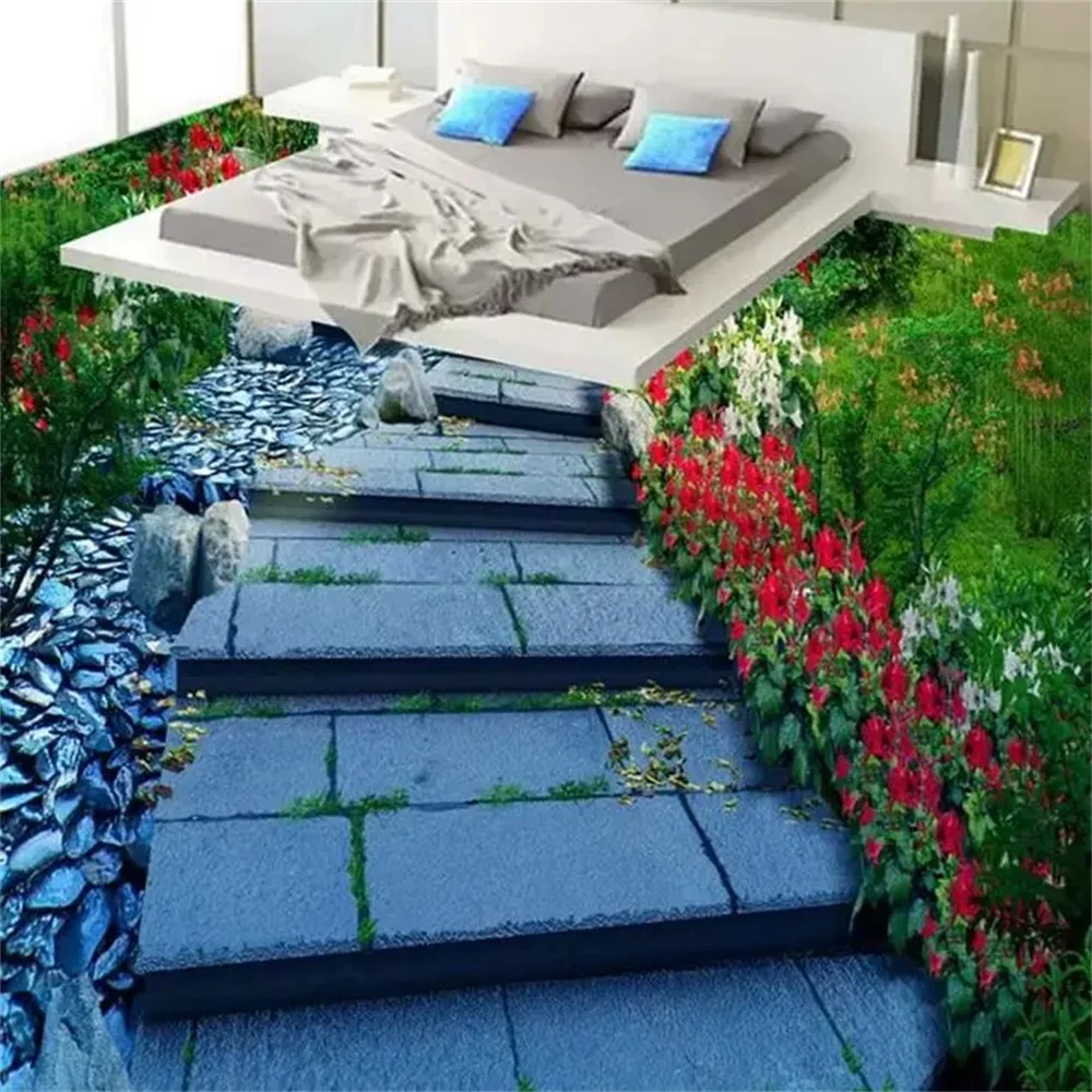 

Пол на заказ, 3D эстетические цветы, шиферная дорога, ванная комната, спальня, фиолетовые цветы, доска, водонепроницаемый кухонный пол из ПВХ