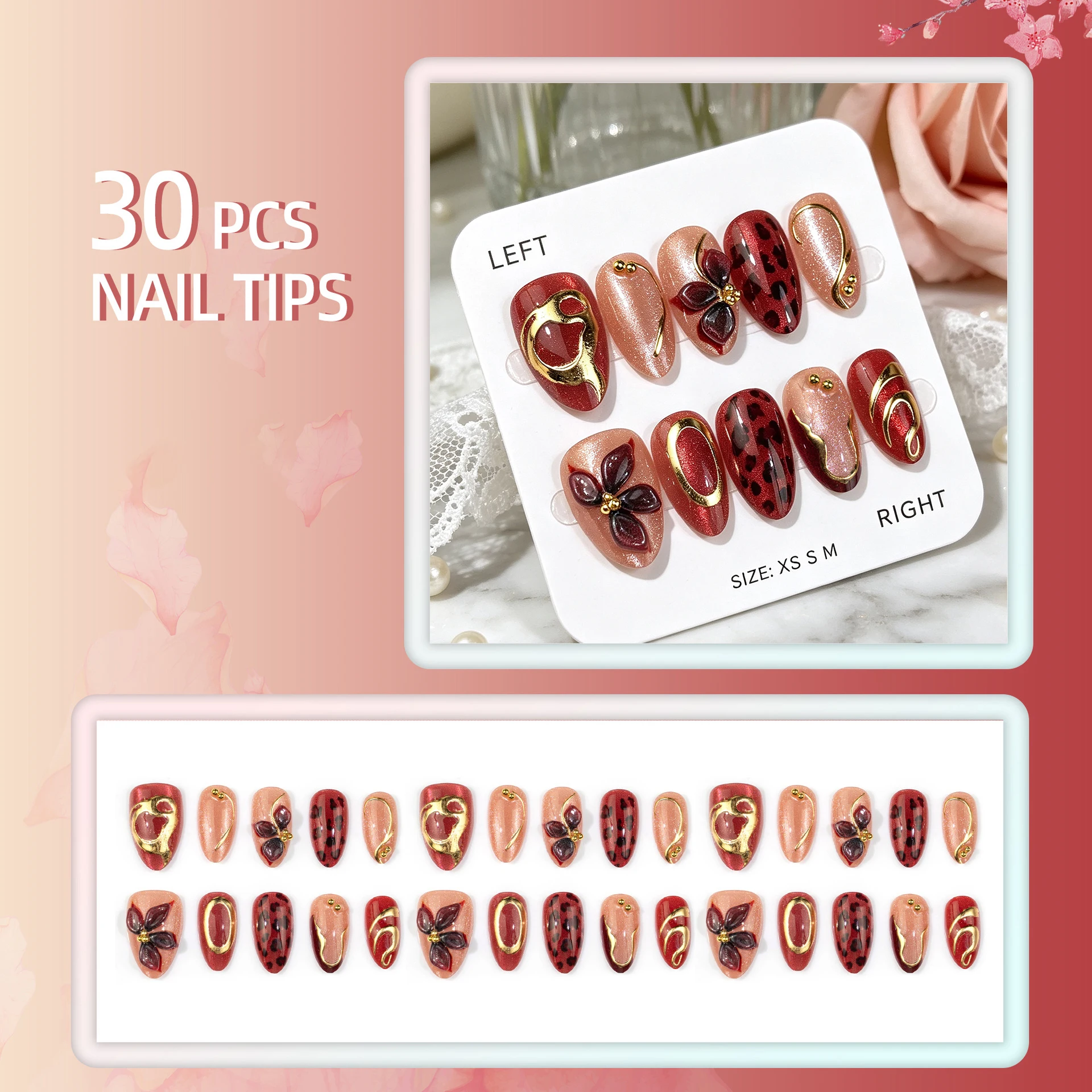 Resin Press on Nails for Party Women 3D Floral Leopard Cat-Eye Almond False Nails Gilded Glitter Artificial Nail Set