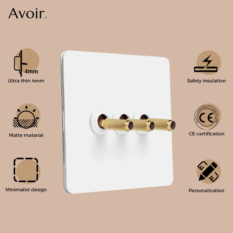 Avoir Carved Lever Toggle Switch 2Way Stainless Steel Power Socket White Panel Light Dimmer EU French UK Outlet With Type-C Port